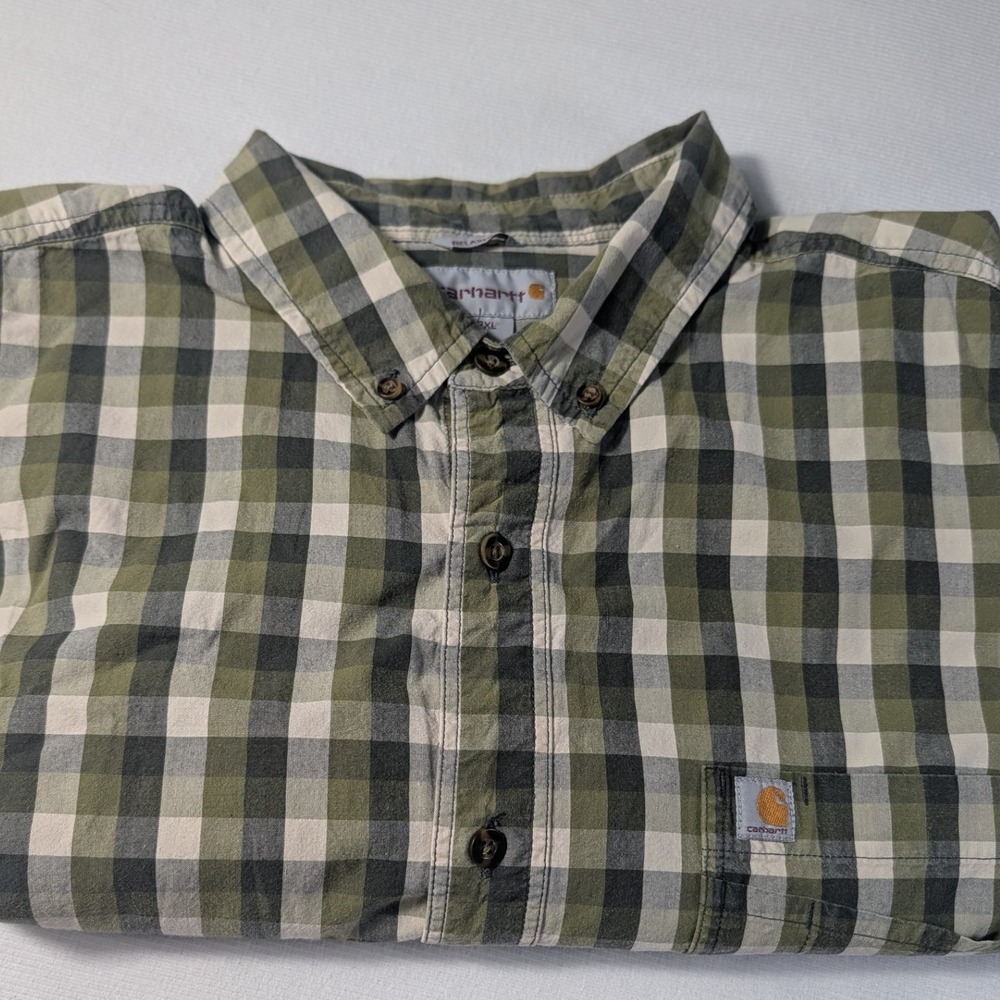Carhartt Mens 2XL Relaxed Fit Gingham Plaid Short Sleeve Button Down Shirt Green